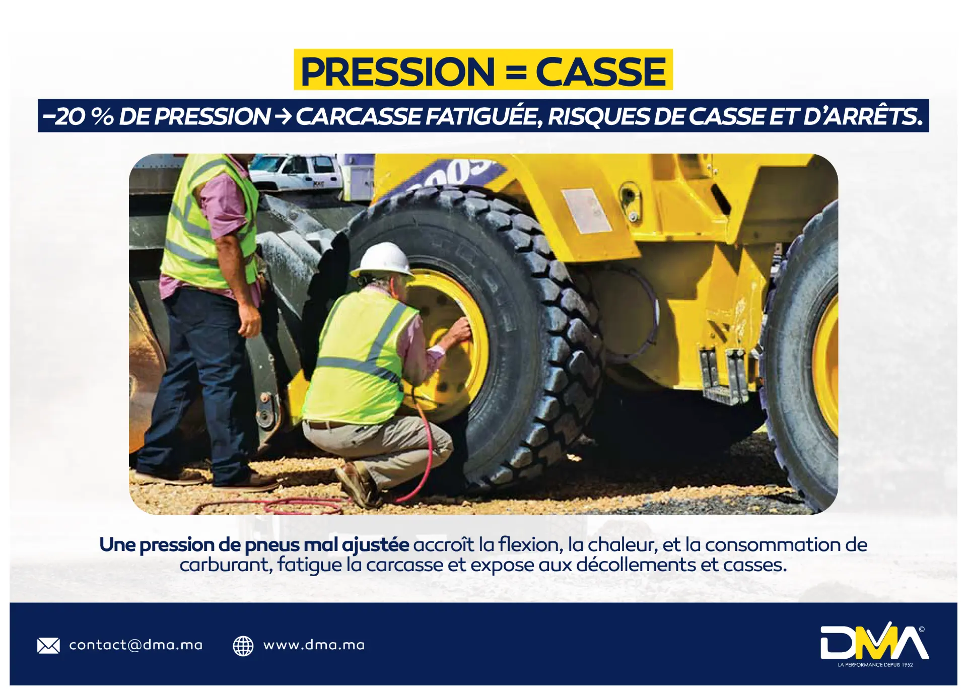 3) Pression : –20% = carcasse fatiguée, casse et arrêts  